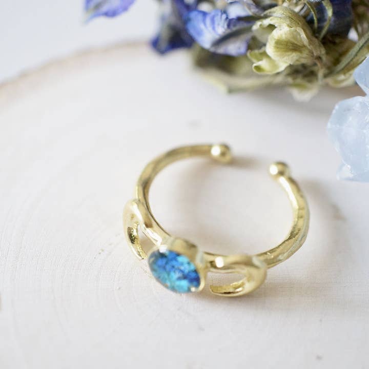Ann + Joy - Wholesale Cocktail/Statement Ring - Real Pressed Flower and Resin Ring, Gold Moons in Blue and Teal7