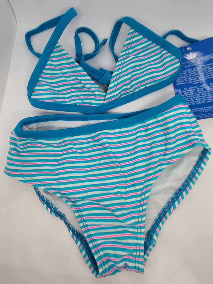 Bikini a rayas rosa neón/turquesa para niñas para venta al por mayor de Sassy Bubbles