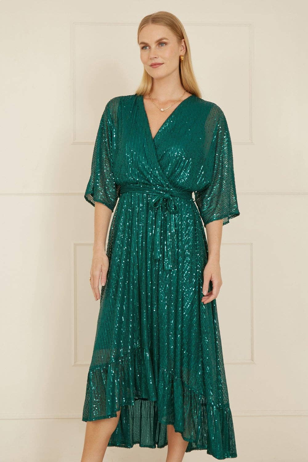 Vert Robe portefeuille midi kimono à sequins verts Yumi en vente sur Faire2