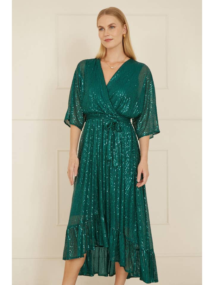 Yumi Green Sequin Kimono Midi Wrap Dress for wholesale on Faire2