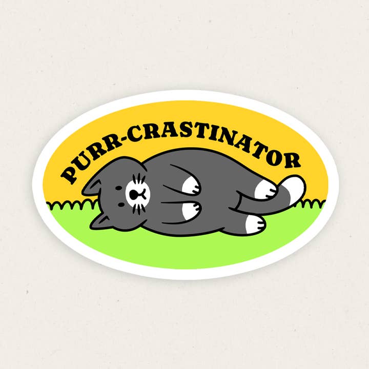 Purr-crastinator | Funny Vinyl Sticker for wholesale by Gobi Prints Co.