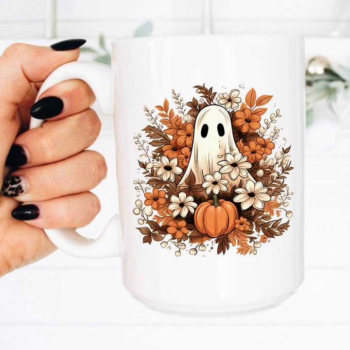 Caneca de Café 443 ml com Fantasma Floral, Copo de Halloween por atacado de Boho Sips