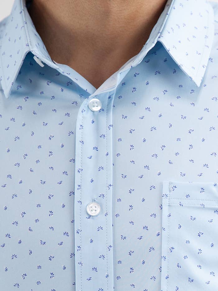 Light Blue Printed Short Sleeve Poly Spandex Shirt for wholesale on Faire