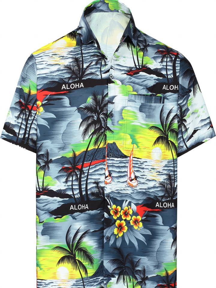 Chemise de plage hawaïenne LA LEELA pour homme, taille S, gris, Aloha Palm Tree pour la vente par LA LEELA \ HAPPY BAY