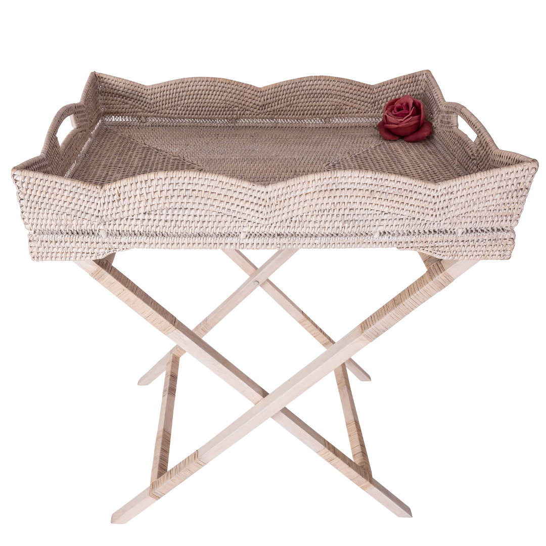 Artifacts Trading Company - Wholesale Patio Table - Rattan Scallop Butler Tray: Folding Wooden Legs1
