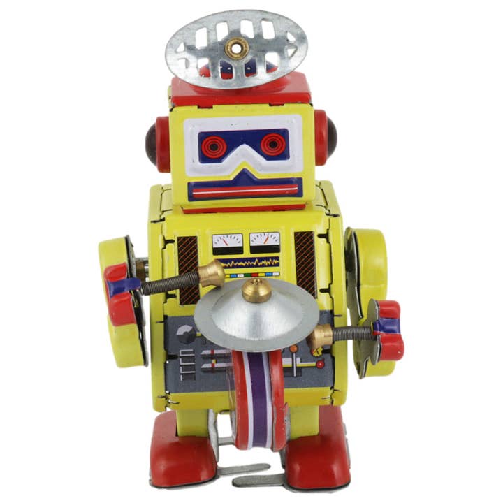 Robot robot con tamburo giallo robot di latta per la vendita all'ingrosso da parte di Tribal Trade GmbH