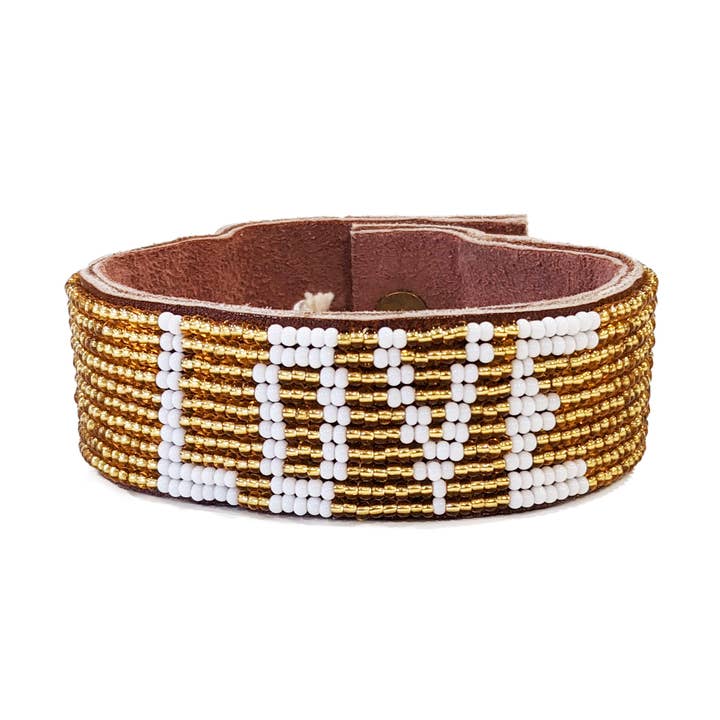 Medium Love Beaded Leather Cuff - Gold - Affirmations for wholesale by Swahili Coast