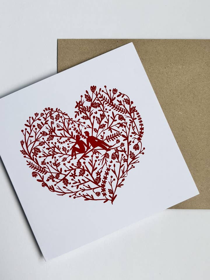 Valentine Card Illustrated Love Heart Couple Card In Red for wholesale by Laura M Designs