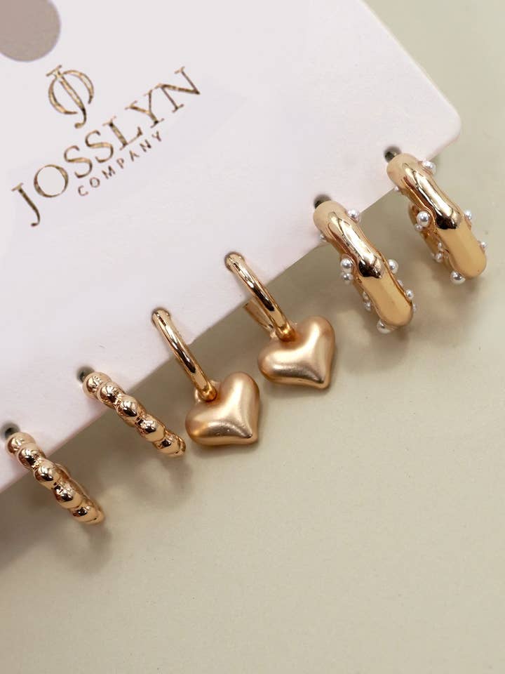 HEART DROP PEARL STUDED HOOP TRIO EARRINGS | 80E6397 for wholesale by JOSSLYN by wall to wall