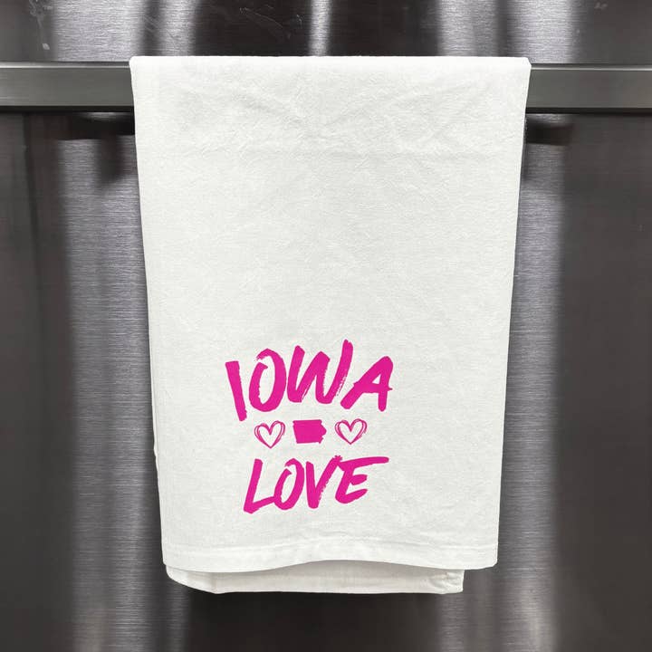 "Iowa love" in Pink Tea Towel for wholesale by Wear.Love State T-Shirts