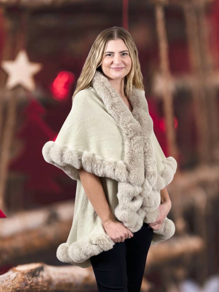 Faux Fur Trim Kimono Knitted Cape solid - Oatmeal for wholesale by Ellyndale