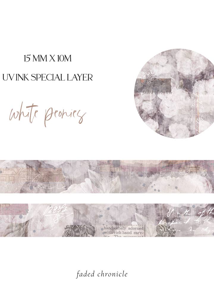 fita washi peônias brancas 15mm por atacado de Faded Chronicle