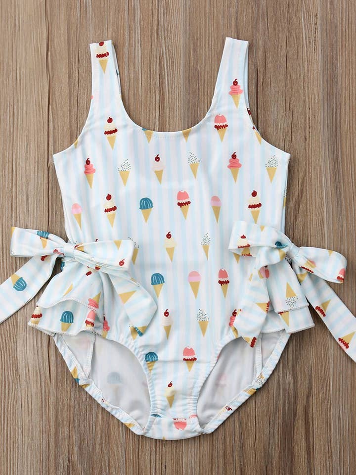 Fennco Styles - Wholesale One Piece Swimsuit - Kids - Ice Cream Bowknot Ruffled Light Blue 1pcs Girl Swimsuit