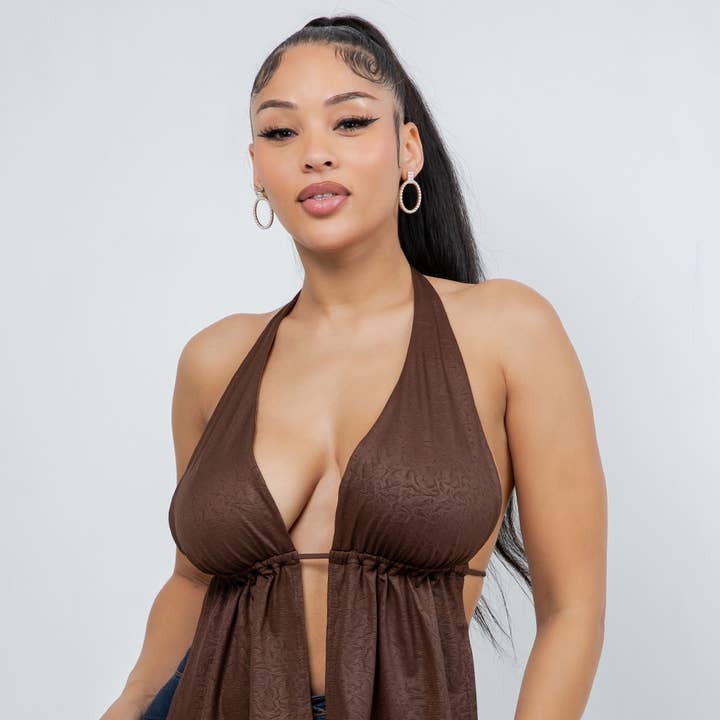T6807 CRUSHED HALTER TOP WITH OPEN TIE BACK for wholesale by Uptown Apparel