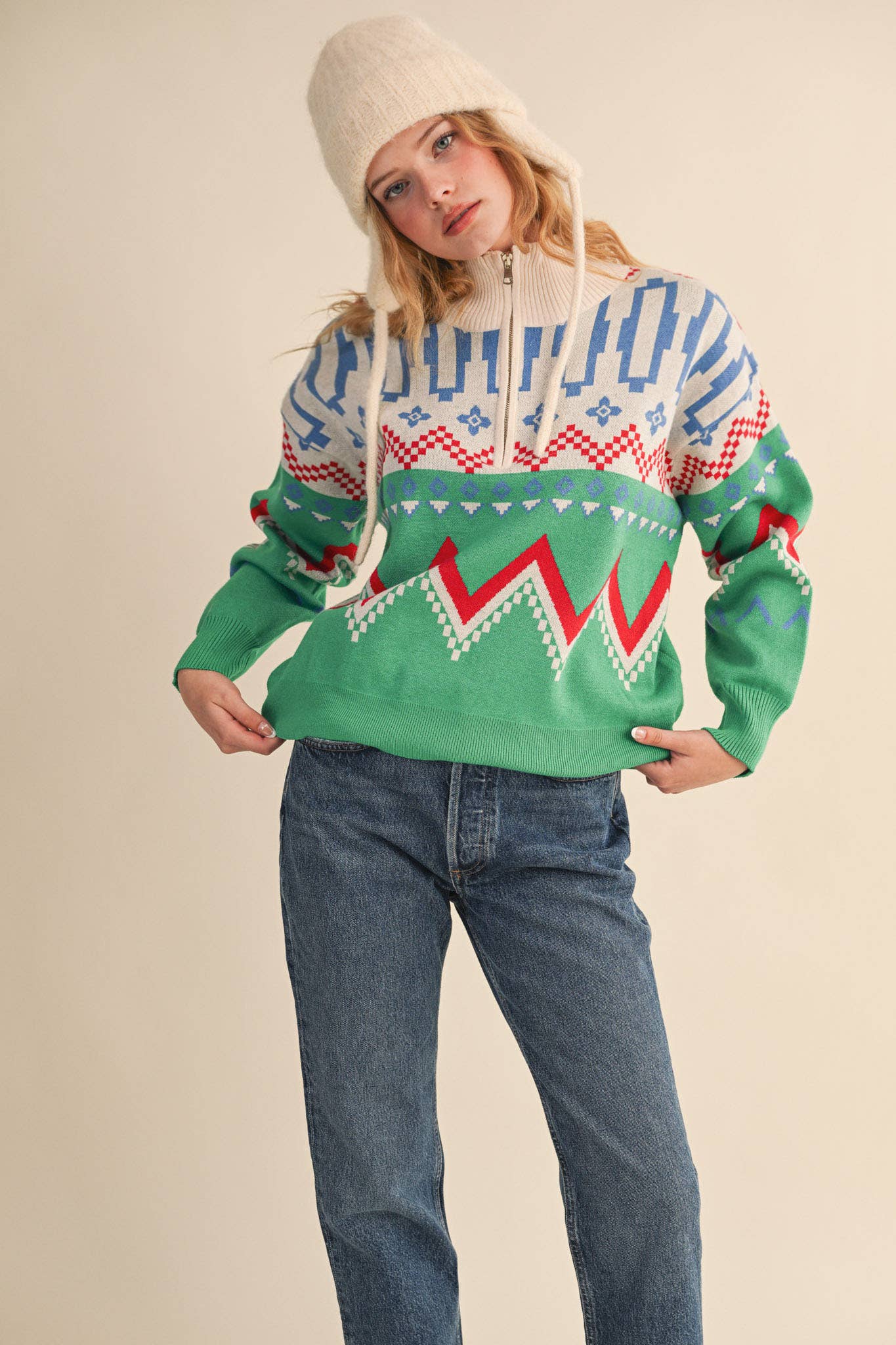 Burgundy Multi GEOMETRIC KNIT MOCK NECK HALF ZIP PULLOVER SWEATER MSW10885 for wholesale on Faire37