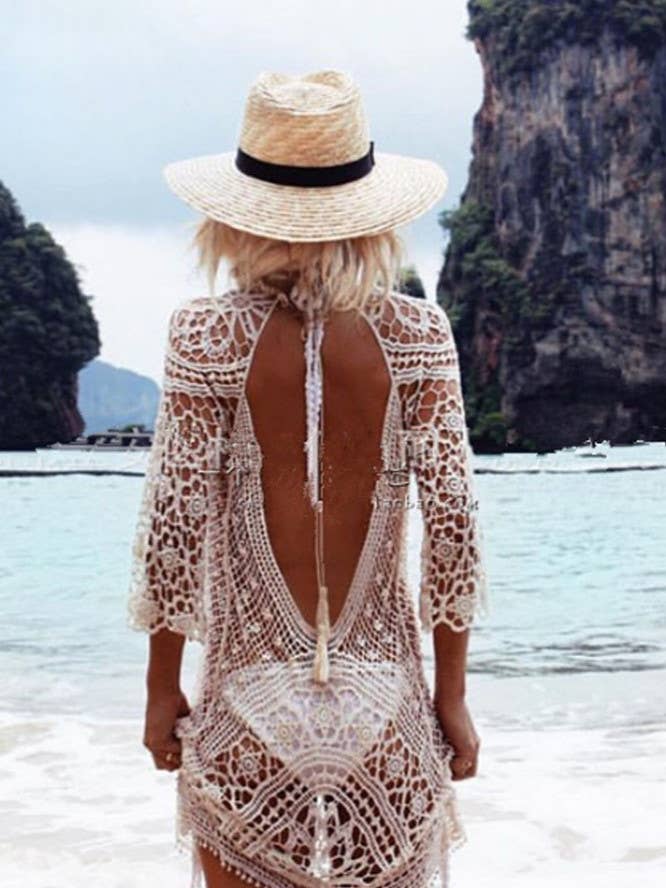 Backless Hollow out Crochet Beach Bikini Cover Up Dress for wholesale by Rosa Clothing