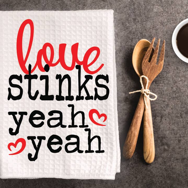 Funny anti Valentines Dish Towel "Love stinks" for wholesale by Cleverish Co