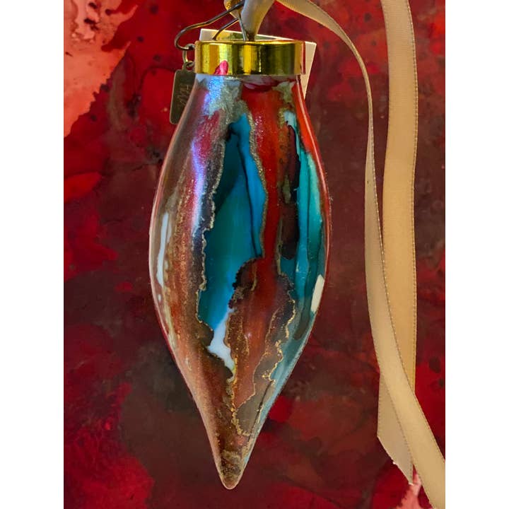 Hand Painted Teardrop Ornament - Red & Teal for wholesale by Held.