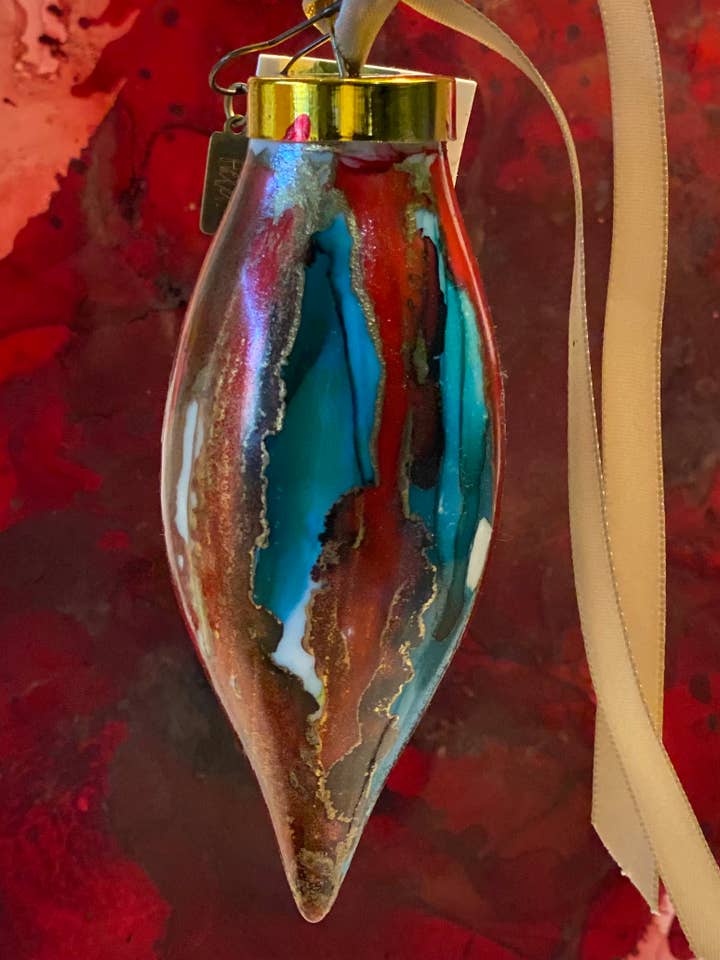 Hand Painted Teardrop Ornament - Red & Teal for wholesale by Held.