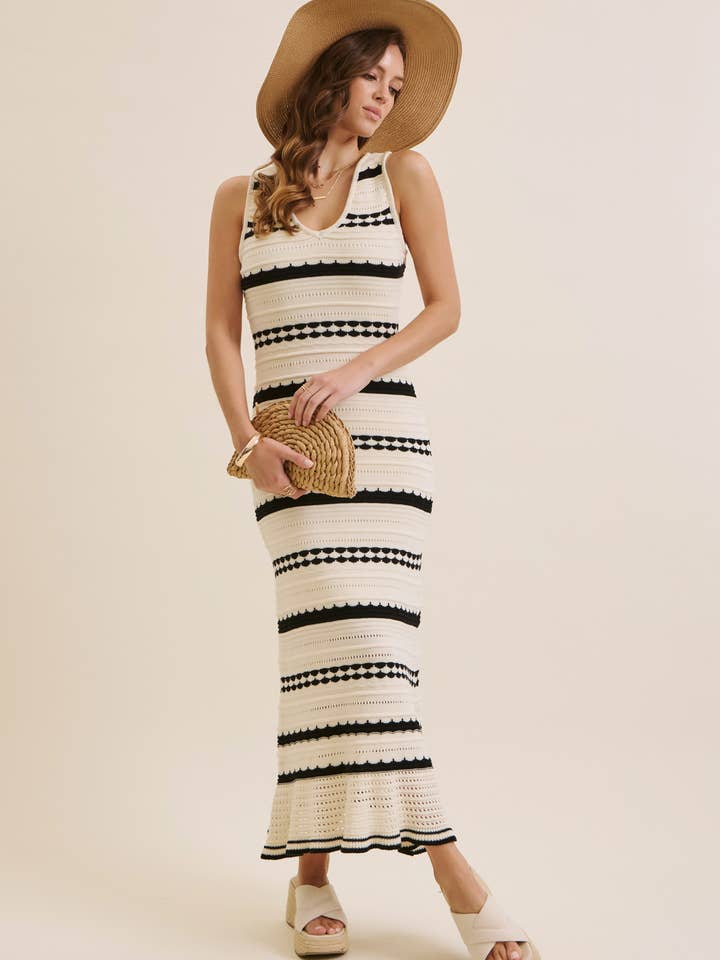 SUN-LIT WEEKENDS FORM-FITTING CROCHET STRIPE SWEATER MIDI for wholesale by in february