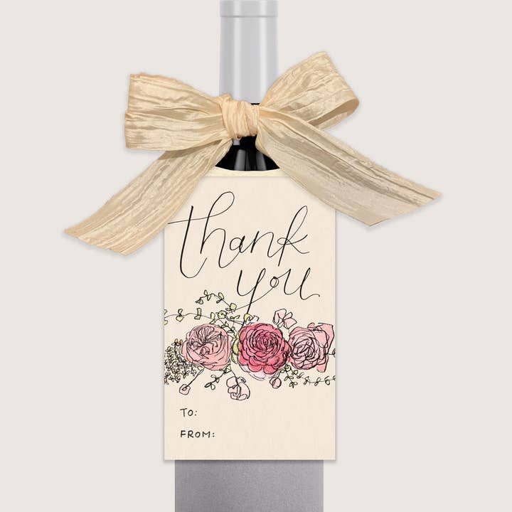 Thank You | Weinflaschen-Geschenkanhänger mit rosafarbenem Blumenmuster und Kalligrafie für den Großhandel von everglow handmade