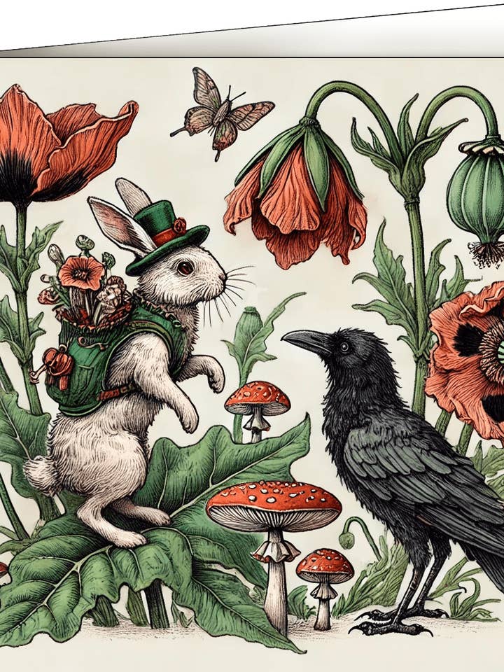 Greeting Card, Bunny & Crow in the Garden for wholesale by Thistle and Tale Press