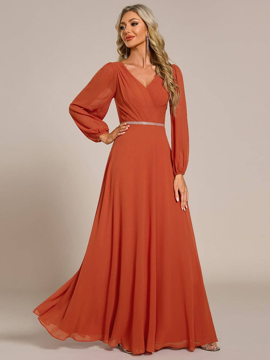 Ever-Pretty - Wholesale Gown - Women's - Elegant waisted chiffon V-neck Long Sleeve guest Dress72