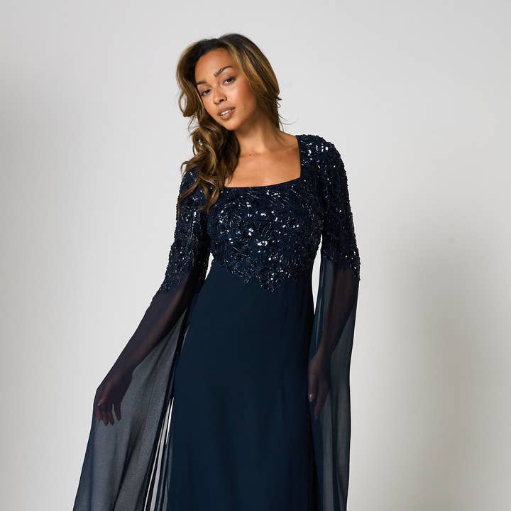 Cherith Navy Embellished Cape Sleeve Maxi Dress for wholesale by Frock & Frill