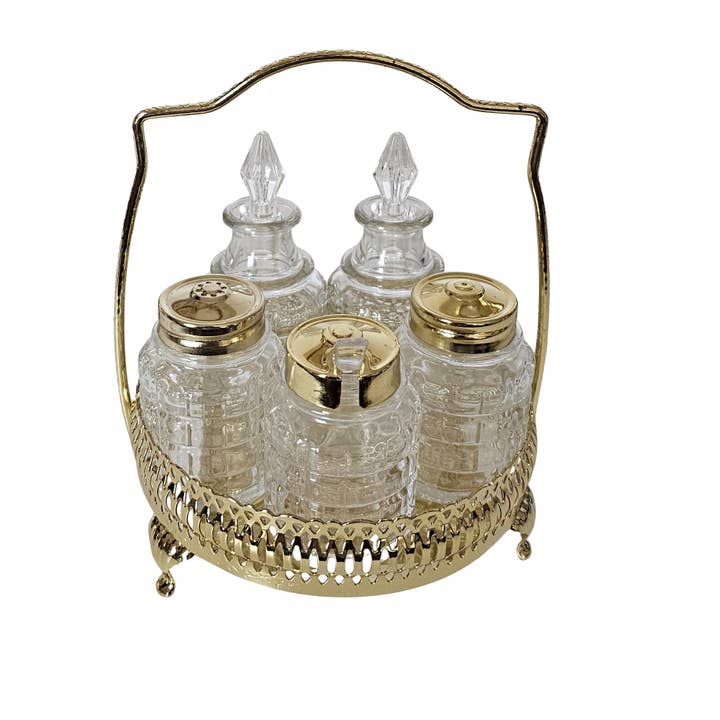 Conjunto de 5 Peças de Galheteiro Redondo 14 cm diâmetro x 17 cm altura Prata Inglesa Resistente a Manchas (Acabamento Dourado). SKU #: Q4/4719. por atacado de Corbell Silver