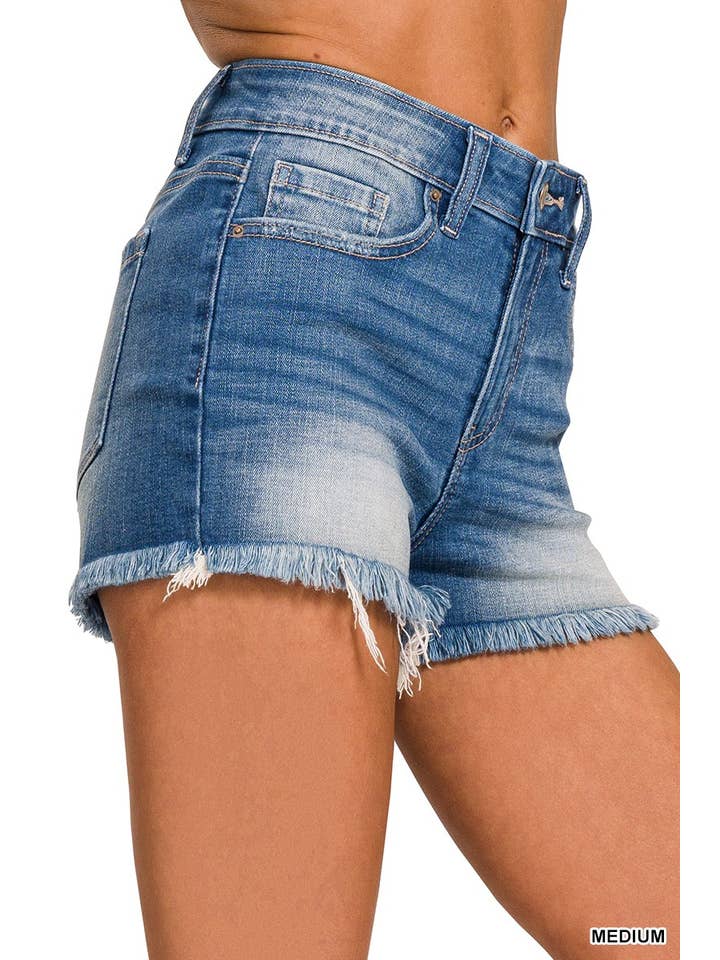 MEDIUM Mid Rise Raw Frayed Hem Denim Shorts for wholesale on Faire