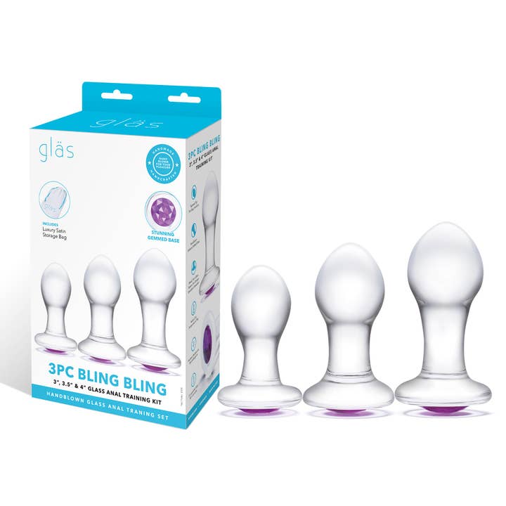 3PC Bling Bling 3", 3.5", 4" Glass Anal Training Kit for wholesale by Lux Fetish Store