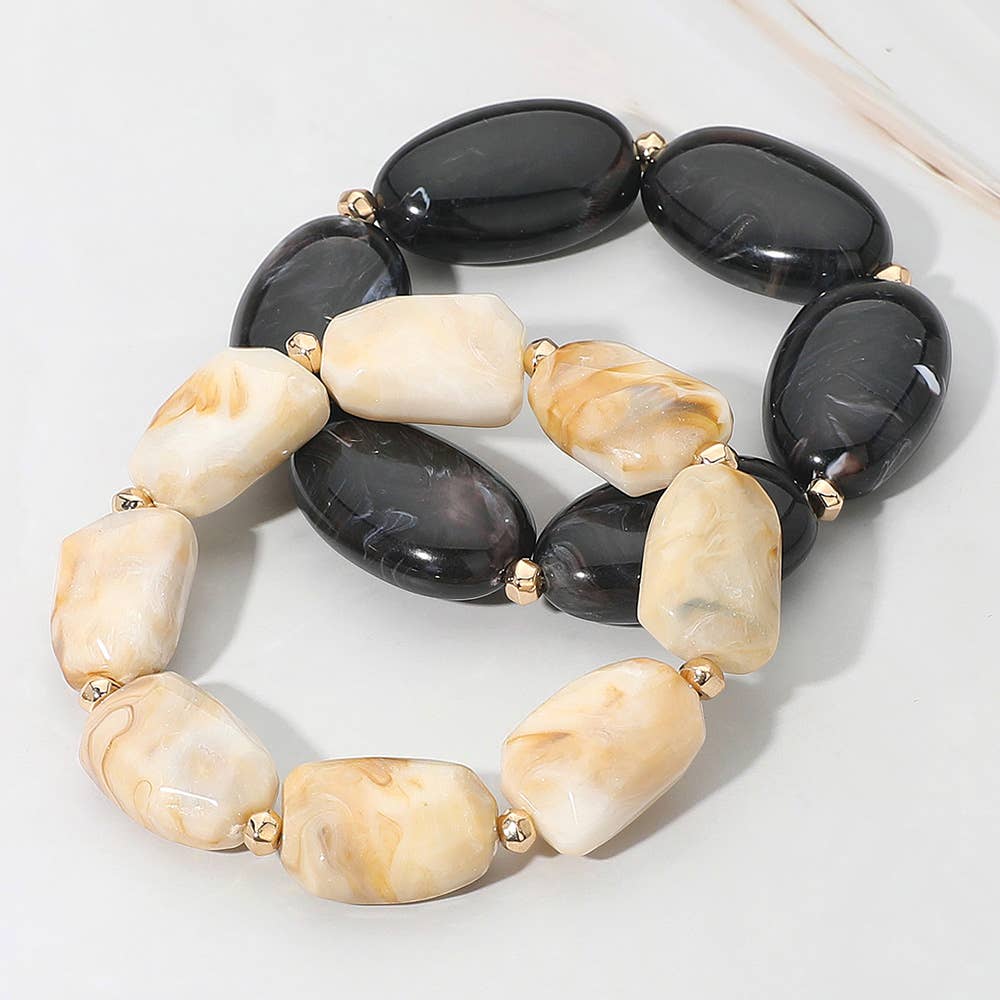 Sensibling Corp. - Wholesale Beaded Bracelet - 2PCS - Chunky Oval Pebble Beaded Stretch Multi Layered Bracelets2
