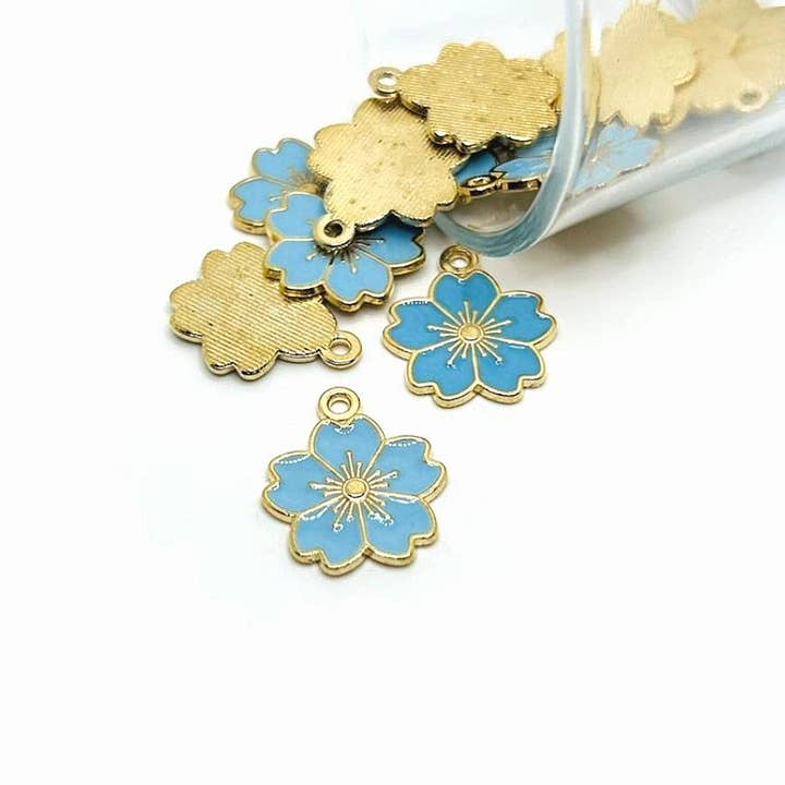 Light Blue and Gold Cherry Blossom Flower Charms, 20.5x17.5mm for wholesale by Guerrilla Charm