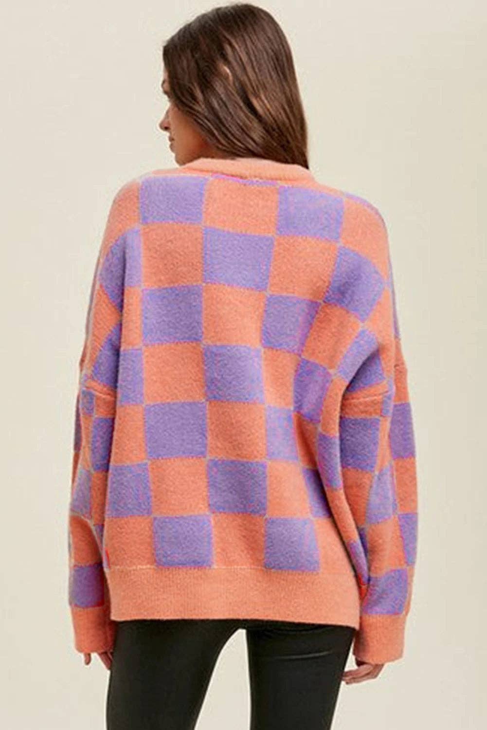 Lovesoft - Wholesale Knit Sweater - Women's - Parchment Checkered Pattern Ribbed Trim Knit Baggy Sweater6