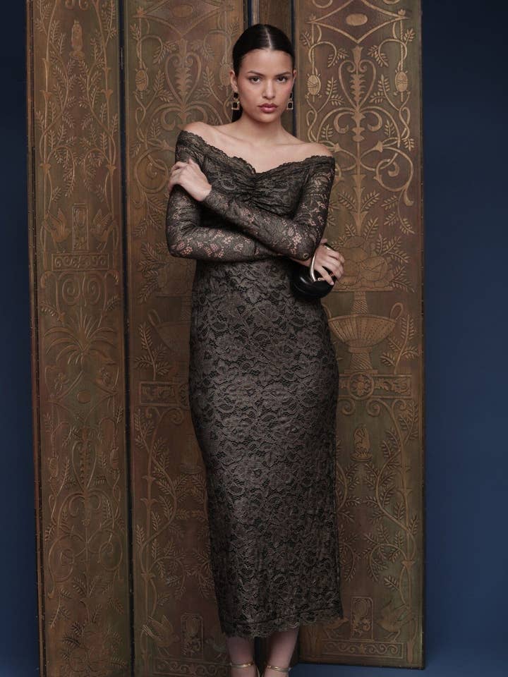 Metallic Lace Off-Shoulder Sheath Dress for wholesale by Avec Les Filles