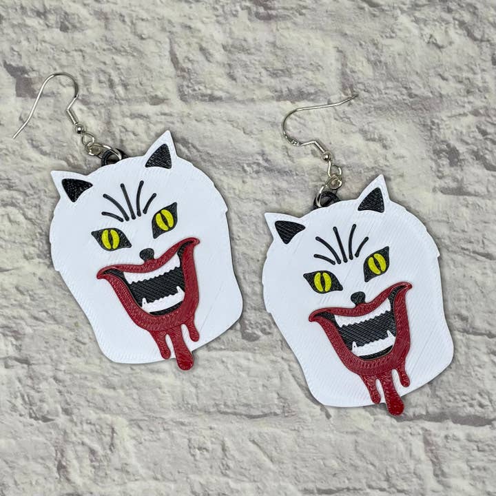 Cryptid Craft Studio - Wholesale Dangle Earrings - Hausu White Cat Horror Statement Earrings 3D Printed2