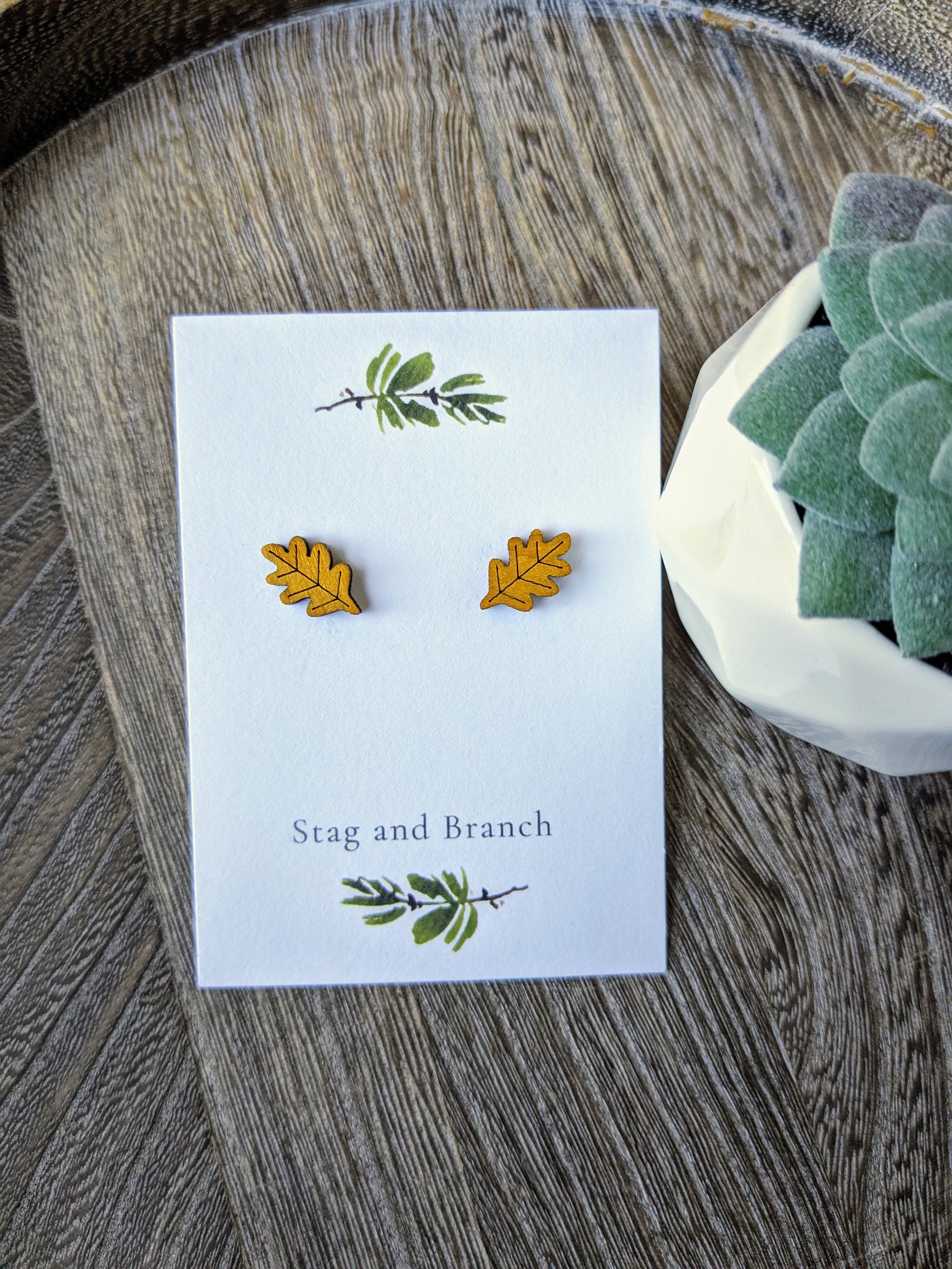 Stag and Branch - Vente Clous d'oreille - Boucles d'oreilles à tige en bois de chêne | Boucles d'oreilles en bois découpées au laser,2