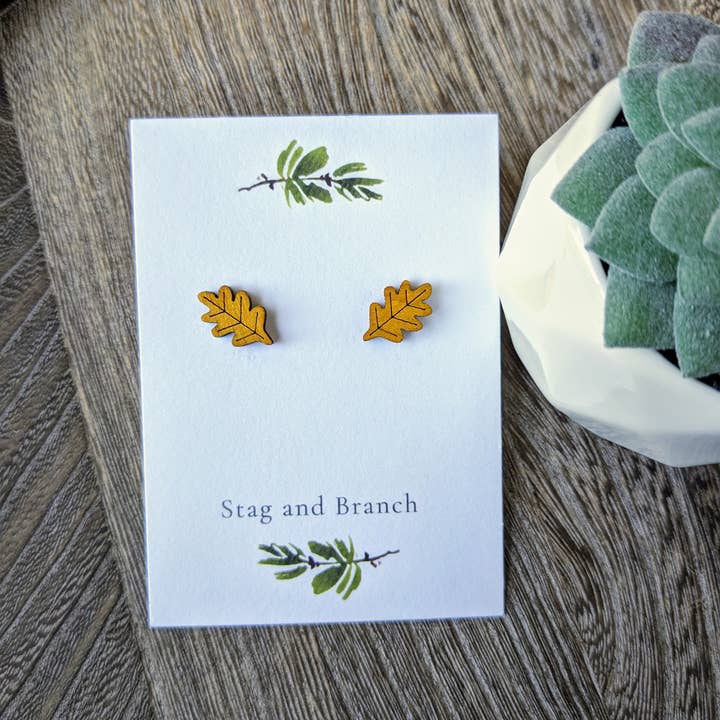 Stag and Branch - Wholesale Stud/Post Earrings - Oak Leaf Wood Stud Earrings | Laser Cut Wood Stud Earrings,2