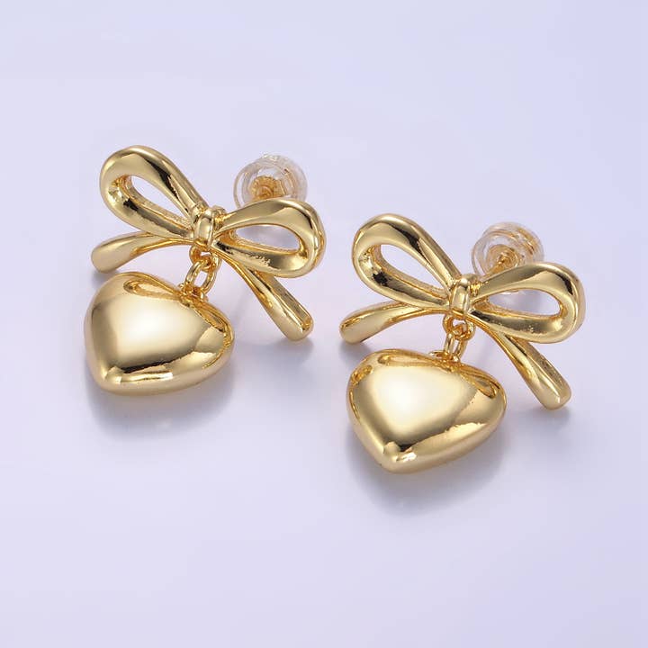 Aim Eternal - Wholesale Stud/Post Earrings - 24k Gold Filled Heart Drop Ribbon Stud Earrings | V069 V070