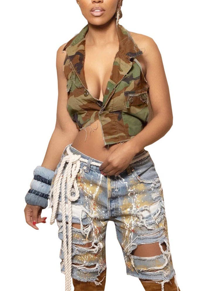 MB FASHION CAMO Cropped Sleeveless Vest with Tie Back 9185LY for wholesale on Faire21