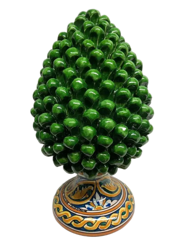 DD Ceramiche Siciliane - Vendita all'ingrosso Decorazione natalizia - Pigna Ceramica Caltagirone cm H.35 Artigianale Verde Prato Base Decorata0