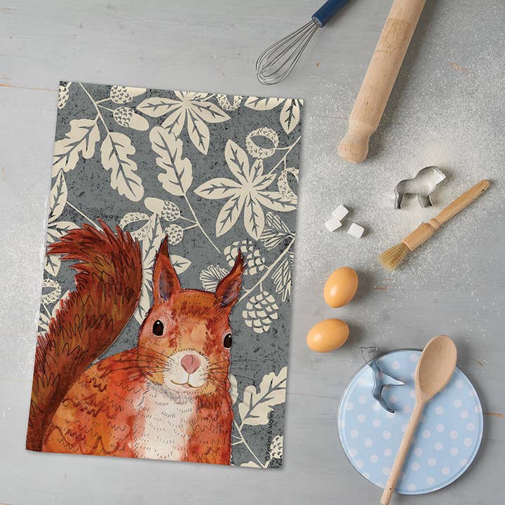 Squirrel Tea Towel Wild Wood Range for wholesale by Perkins & Morley