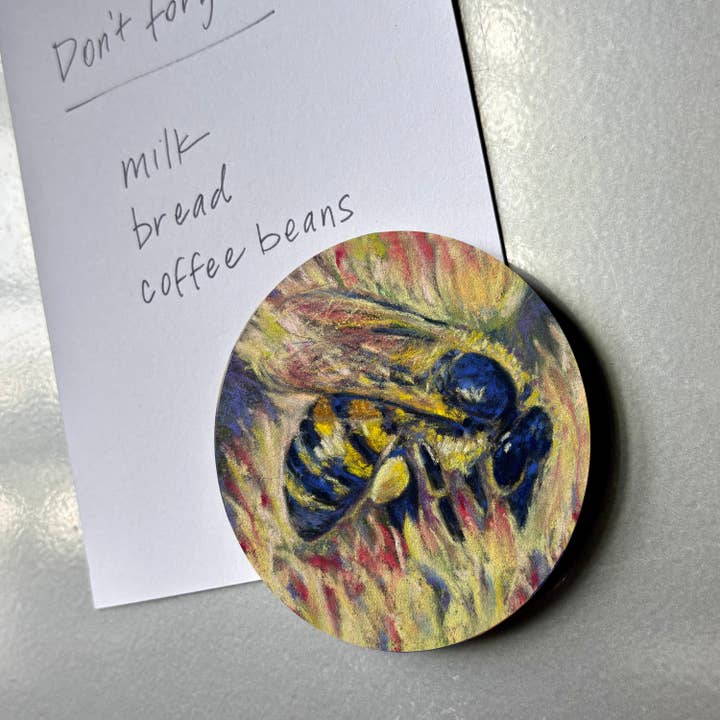 Art Magnet, 3" Circle, Wood, Honeybee on Flower for wholesale by Mary Pow Designs