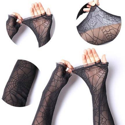 Black Halloween Gothic Women Spider Web Pattern Gloves for wholesale on Faire2