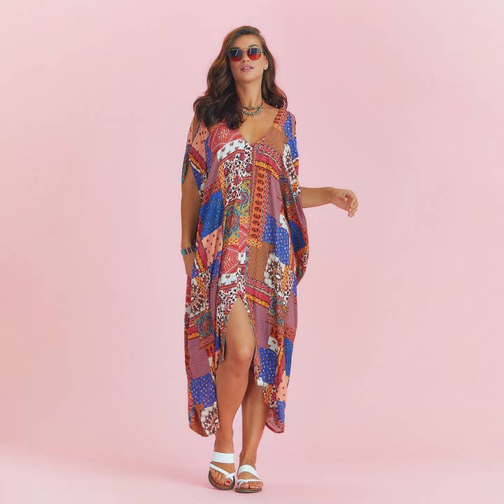 Patch Print Hanky Hem Bohemian Loose Summer Dress for wholesale by Los Banditos
