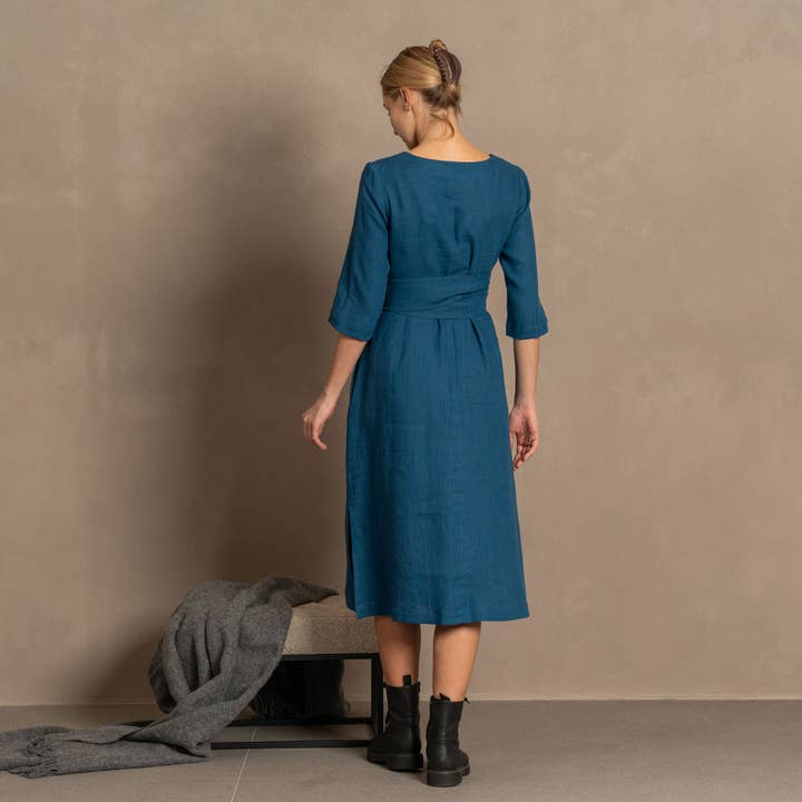 menique - Wholesale Jurk - Dames - Linnen jurk met 3/4 mouwen en obi-riem Miley – zomerjurk12