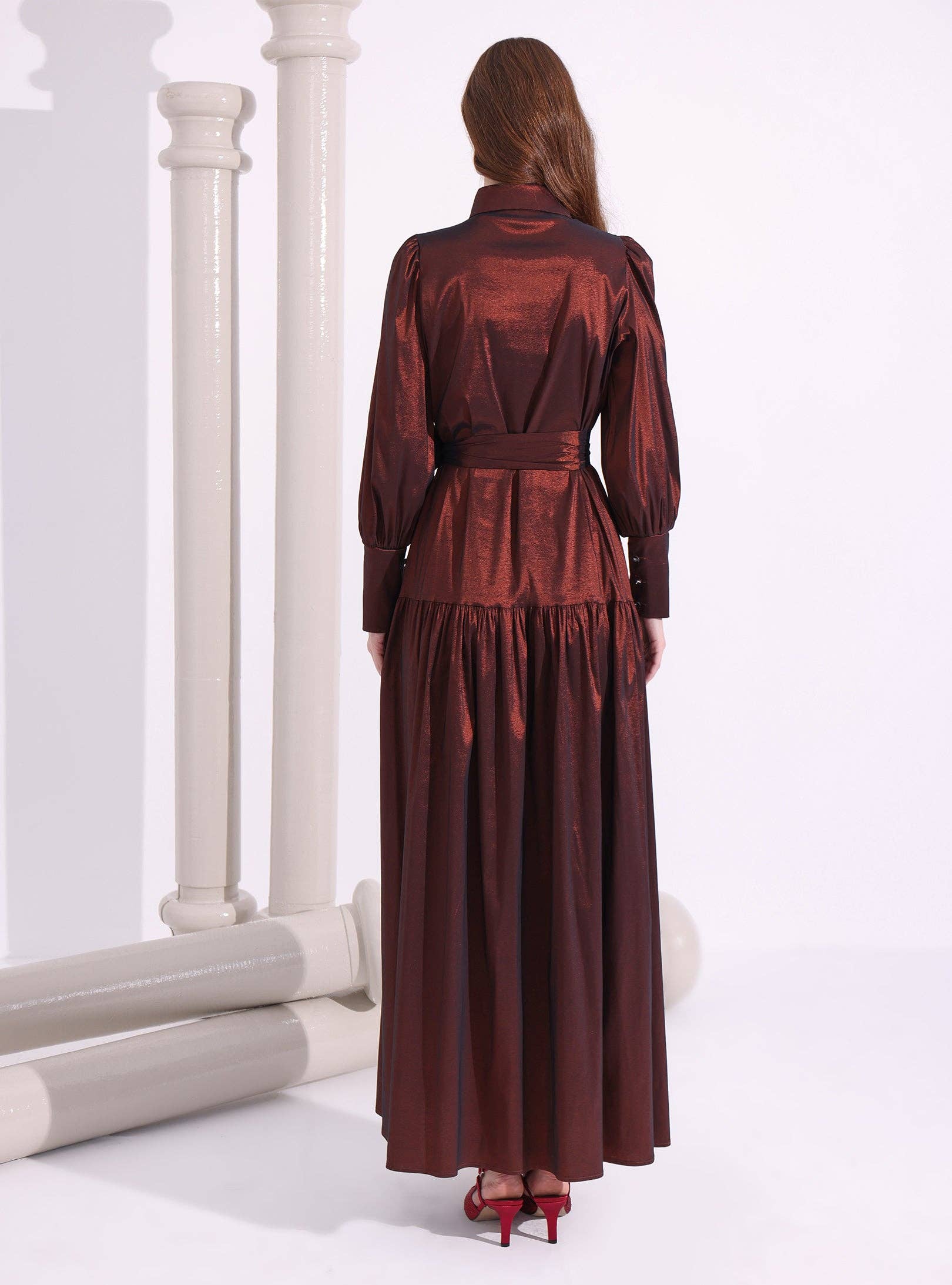 Store WF - Vente Robe – femme - Robe maxi en taffetas métallisé bronze avec boutons en cristal6