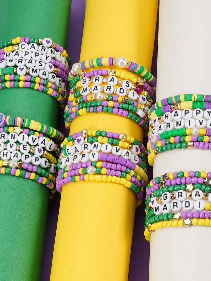 CWAJE05696_MARDI GRAS CARNIVAL HEART BEADED PARTY BRACELET for wholesale by NINEXIS