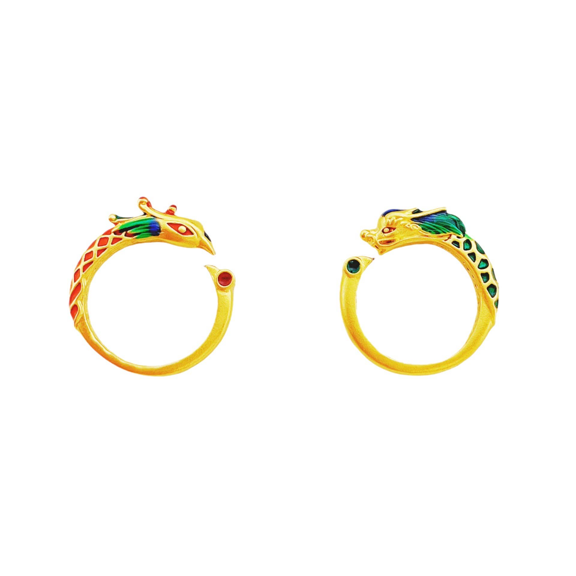 Bright MacMing - Wholesale Cocktail/gelegenheidsring - Ringen van rode feniks en groene Loong (Chinese draak)