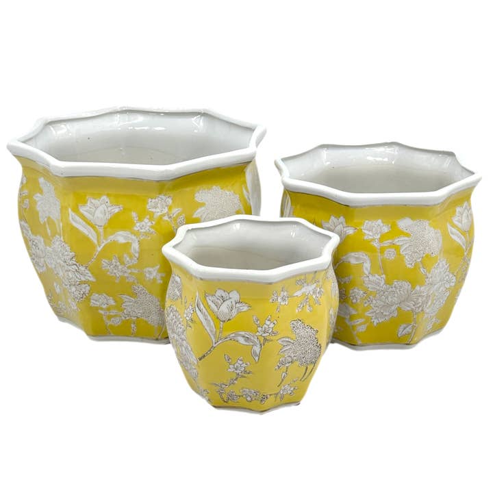 Galt International Company - Wholesale Plant Pot - Set of 3 - 7.5"/10"/13" Ceramic Chinoiserie Planter Pot Set